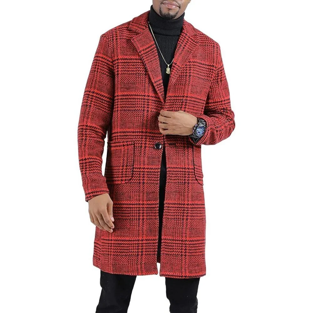 Men's Wine Red Wool Blend Pea Coat Notched Collar Single Breasted Overcoat